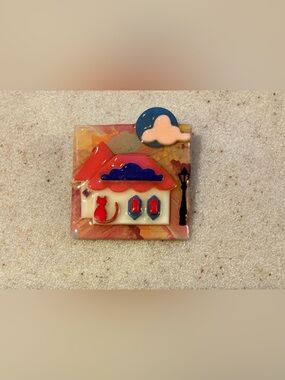 Whimsical House Enamel Brooch in Red, Blue and Cream